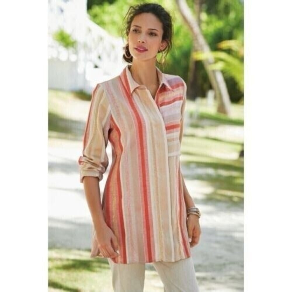 Soft Surroundings Size Medium Burnt Coral Maddalena Striped Shirt Metallic Top